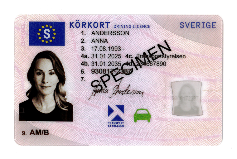 På körkortets framsida (sida 1) är de uppgifter som är särskiljande för innehavaren numrerade enligt följande: